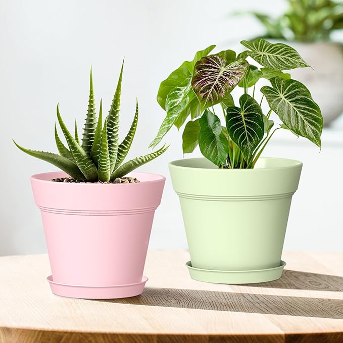 7 Inch Thick Plastic Plant Pots with Drainage Holes and Trays – 6 Pack Nursery Pots for Indoor & Outdoor House Plants, Seedling Starter Planters for Garden Flowers, Colorful