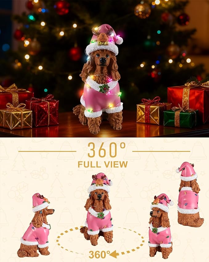 Christmas Decorations Outdoor Dog Statue, Resin Poodle Dog Sculpture with Pink Christmas Santa Outfit & Lights, Battery Operated Indoor Holiday Décor Gift for mom