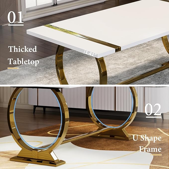 Asday Modern Large Dining Table, 80 Inch White and Gold Dining Table Unique Kitchen & Dining Room Table for 6-8, with White Tabletop and U Shape Stainless Steel Base
