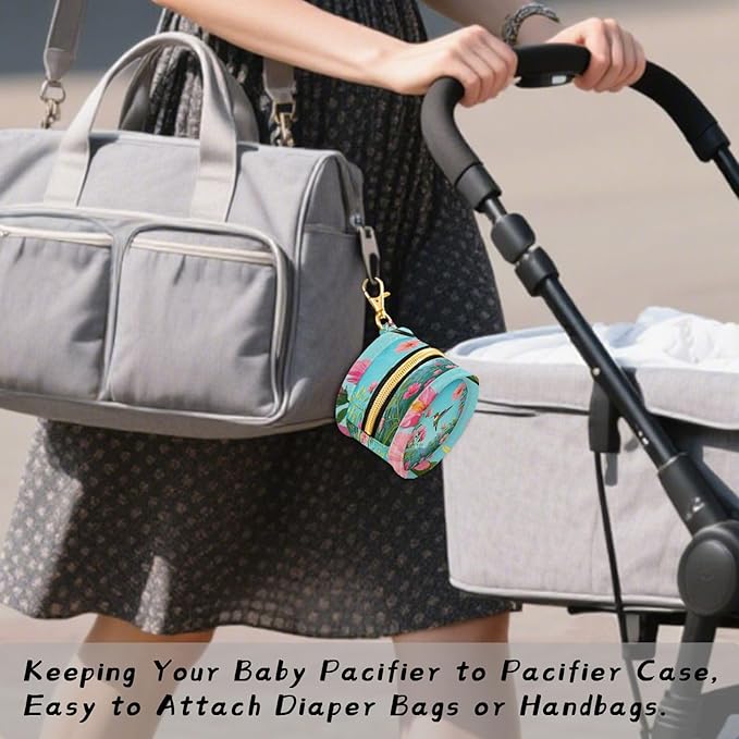 Pacifier Holder with Clip Pacifier Case for Diaper Bag Round Baby Pacifier Pouch Box Bag Portable Hummingbird Flower Leaf Far Mountain