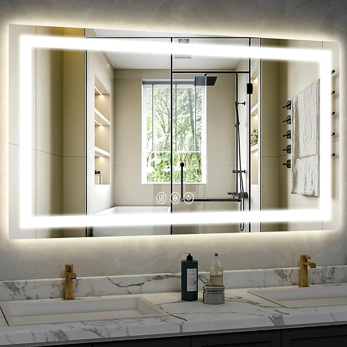 40"x 60"LED Bathroom Mirror, Backlit + Front Lit, LED Bathroom Mirror with Lights for Wall, 3 Colors, Anti-Fog, Dimmable Brightness, Memory Function, Tempered Glass