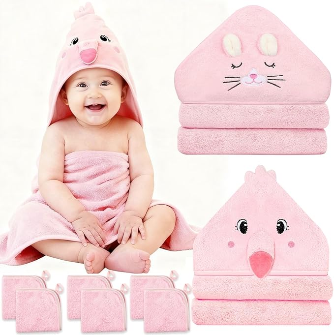 Sublaga 8 Pcs Baby Towel Set, Soft Baby Bath Towels and Washcloths Set, 2 Pcs 32x32 in Cute Baby Towel with Hood and 6 Pcs Baby Washcloths for Infants, Toddlers and Kids (Pink Kitten & Flamingo)