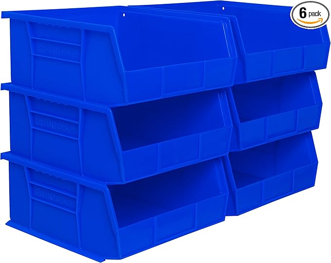 Akro-Mils 30235 AkroBins Plastic Storage Bins, Space-Saving Stackable Bins for Garage, Pantry, Craft Organization, 11" x 11" x 5", Blue, 6-Pack