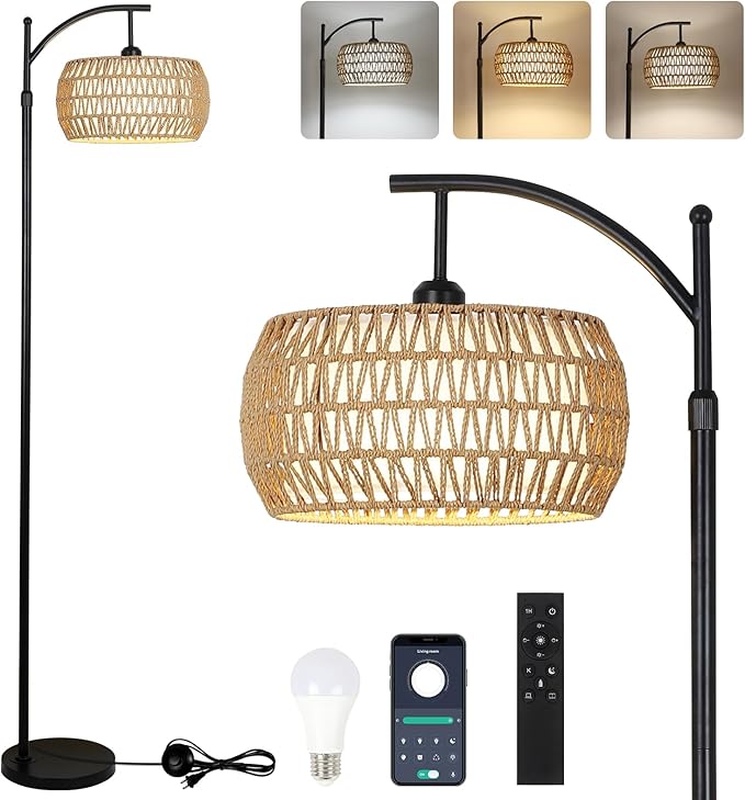 Arc Floor Lamp with Remote Control, Dimmable LED Floor Lamp with 3 Color Temperature, Black Standing Lamp with Rattan & Fabric Double Drum Shade, Boho Farmhouse Tall Pole Lamp for Living Room Bedroom