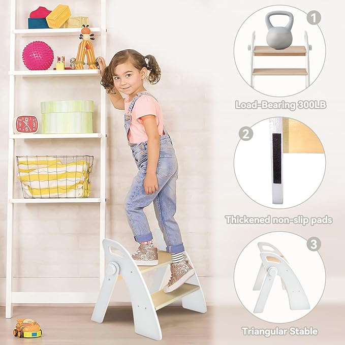 Wooden 2 Step Stool for Kids Bathroom Sink Foldable Anti-Slip 2-Step for Toilet Potty Training, Child Stepping Stool for Kitchen Nursery Bedroom, Sturdy Non Slip Adult Stool for Closet