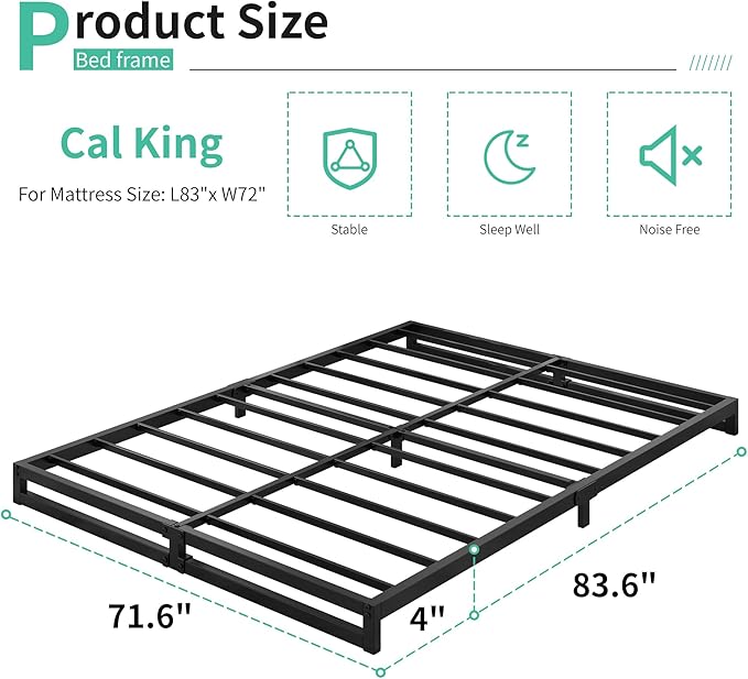 4 Inch California King Bed Frames No Box Spring Needed Heavy Duty Metal Cal King Platform for Mattress Foundation, Noise Free, Easy Assembly, Black