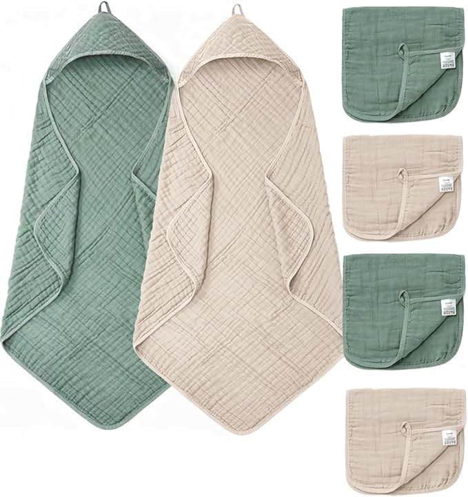 6 PCS Baby Towels and Washcloths Set, 2 PCS XL 35x35 Inch Baby Hooded Towels & 4 PCS Washcloths Set, Ultra Soft & Highly Absorbent Bath Bath Towel for Newborn, Infant & Toddler, Shower Gifts