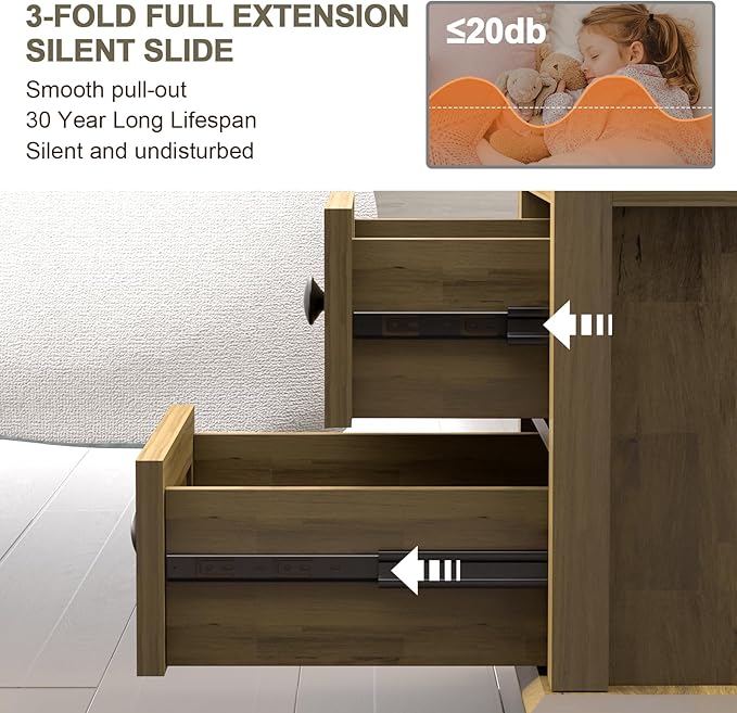 End Table with Fast USB C Charging Station, 18" Wide Sofa Side Table with 2 Drawers, Large Storage Rustic Wood Square Storage Cabinet for Living Room,Bedroom,Office, Light Brown