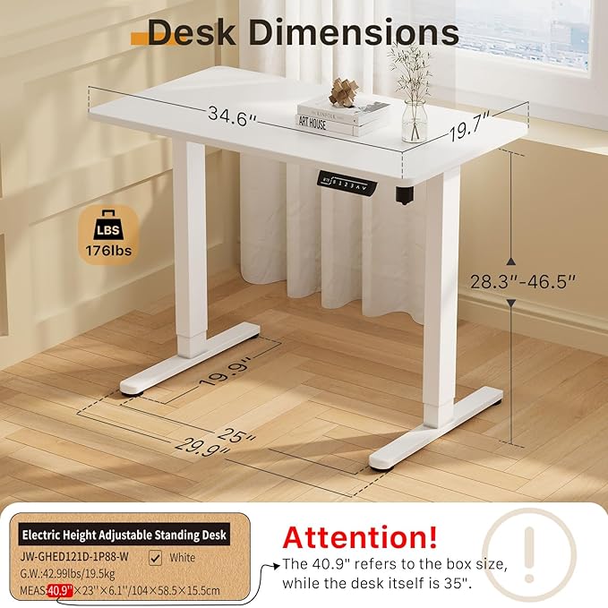 JOY worker Small Electric Standing Desk, 35" x 20" Whole Piece Height Adjustable Desk with Memory Controller, White Sit to Stand Desk Workstation for Home Office