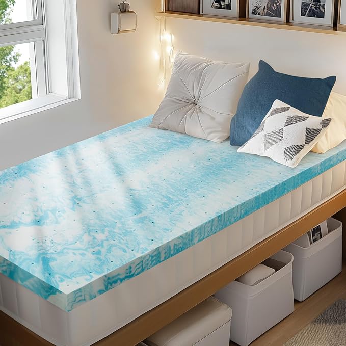 PERLECARE 2 Inch Twin XL Memory Foam Mattress Topper, Cooling Gel Infused Mattress Pad, Ventilated Bed Topper for Pressure Relief, CertiPUR-US Certified, Dorm Room Essentials, Blue