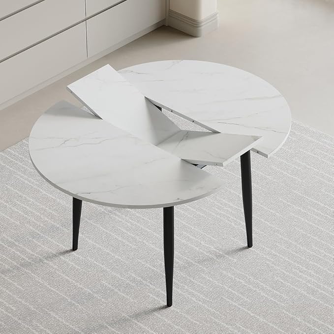 42"-54" Round to Oval Extendable Dining Room Table, White Faux Marble & Wood Grain Top with Black Metal Legs, Modern Round Dining Table for 4–6, Space-Saving Kitchen Table, Easy Assembly
