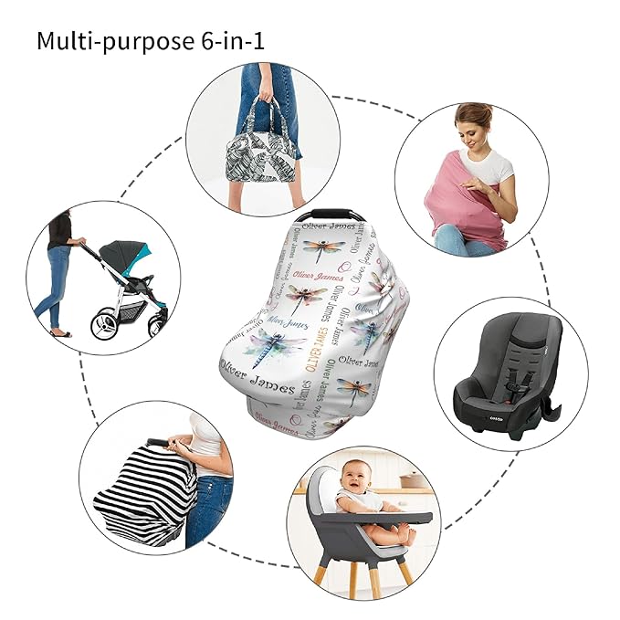 Personalized Car Seat Covers with Name, Dragonfly Baby Canopy Carrier Cover, Breathable Breastfeeding Nursing Cover, Stretchy Multi-Use Infant Carseat Stroller Cover