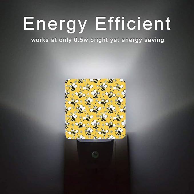 Bee Night Light,Cute Cartoon Bees Plug-in Night Lights with Dusk-to-Dawn Sensor for Bedroom, Bathroom and Living Room Sleep Friendly lamp for Women/Girls/Boys Gift,0.5W