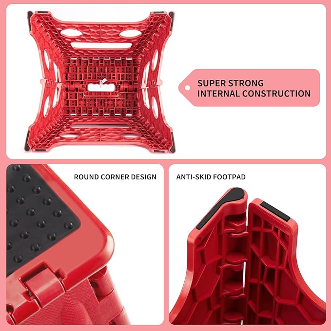 Delxo Folding Step Stool,Non-Slip Stool 13 inch Height Premium Heavy Duty Foldable Stool for Kids and Adults,Kitchen Garden Bathroom Steppingstool 1 Pack in Red,Dotted Texture