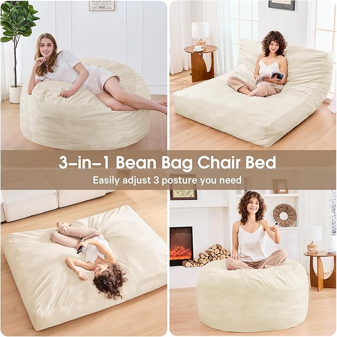 Bean Bag Chairs for Adults - Giant Bean Bag Chair Convertible Bean Bag Bed - Beanbag Chair with Micro Fiber Cover/Furniture Foam Filler - Floor Couch Sofa in Bedroom Dorm Room - Queen Beige