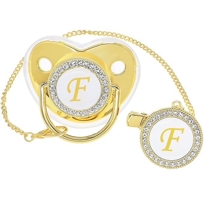 Bling Personalized Golden Baby Pacifier with Pacifier Clips and Anti-dust Cover A-Z 26 Letters(Gold,F)