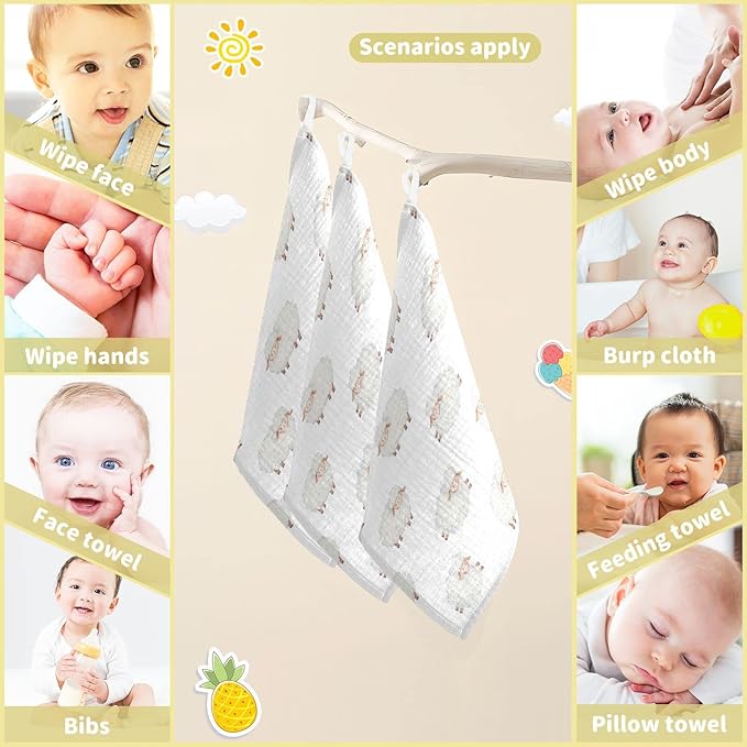 vvfelixl Baby Washcloths Cotton Cute Curly Lamb Muslin Count Sheep Soft Face Towel for Newborn Infants Wipes, 11.8 X 11.8 Inch, 5 Pack White