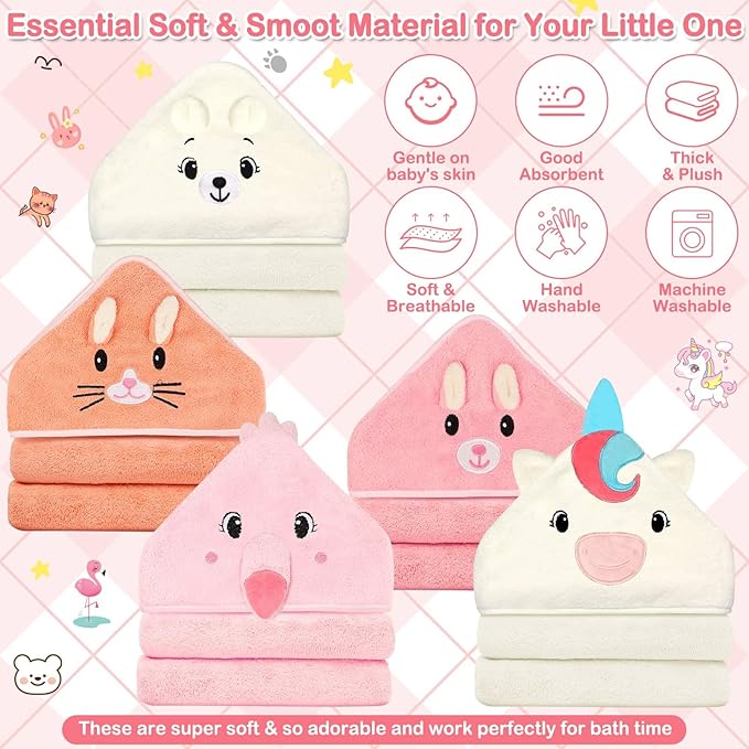 15 Pcs Baby Hooded Baby Towel, Hooded Baby Bath, 5 x Cute Baby Towels and 10 x Baby WashCloth Sets- Perfect Shower Gift for Boys or Girls, Absorbent, Soft, Comforting for Newborn, Infant and Toddler