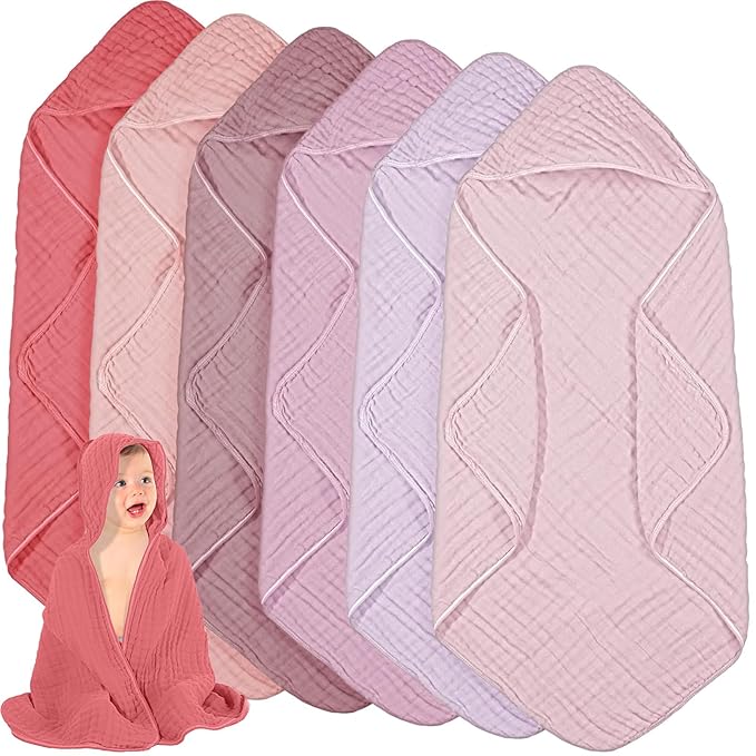 Peryiter 6 Pcs Muslin Hooded Baby Towels 32 x 32 Inch Cotton Newborn Bath Essentials Muslin Infant Blankets Absorbent Registry Gifts for Girl Boy Kids Baby Shower (Purple Series)