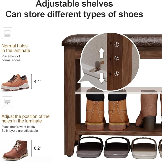 Wood Shoe Rack Bench for Entryway, Shoe Rack for Front Door Entrance with Leather Cushion, 2 Tier Shoe Bench with Shoe Storage for Entryway, Bedroom.