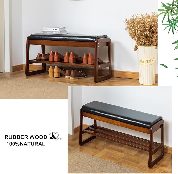 latifolia Solid Wood Bench, Entryway Shoe Bench with Cushion, Flip-Open Storage Compartment, 2-Tier Shoe Organizer(Black,39.70''L)