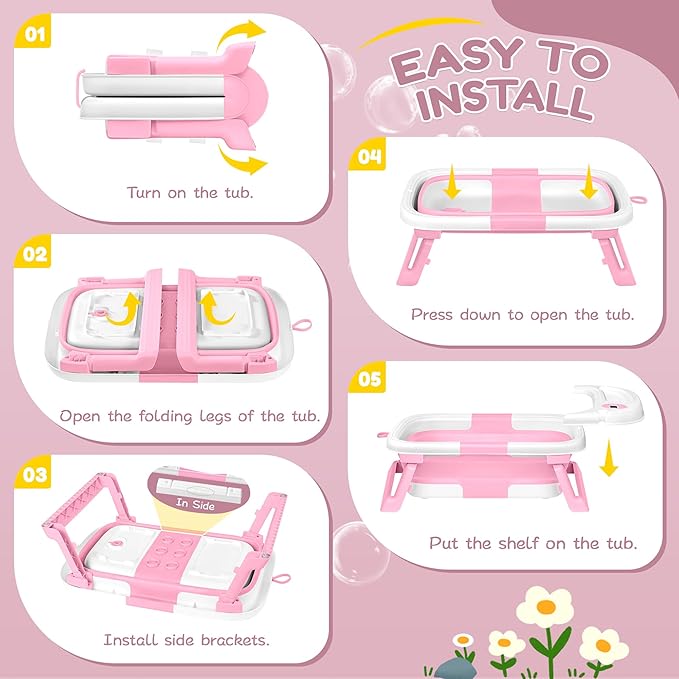 Collapsible Baby Bathtub,Baby Bath Tub with Thermometer & Soft Cushion,Baby Bathtub for Newborn to Toddler 0-36 Months,Portable Travel Baby Tub with No-Slip Feet,Baby Shower Gifts,Pink