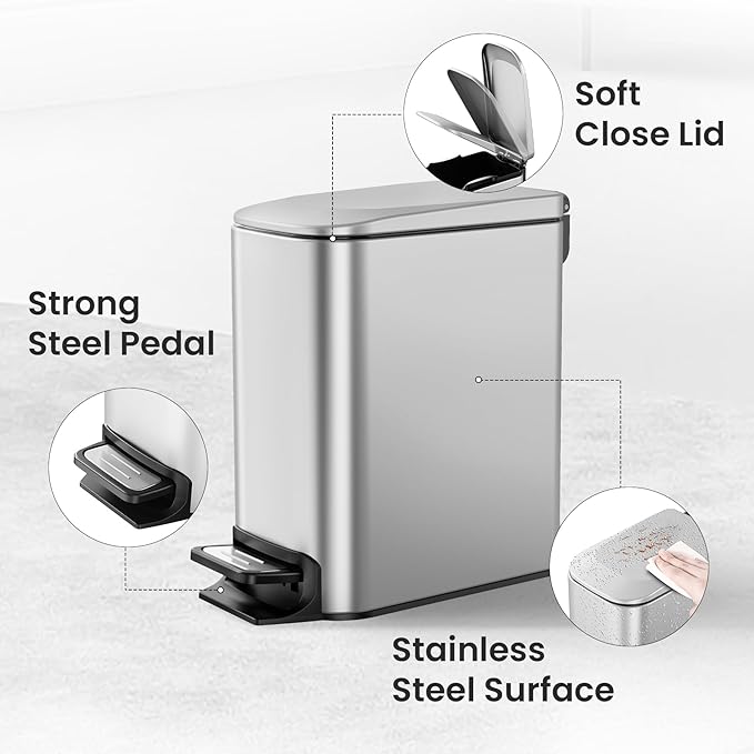 Cesun Small Bathroom Trash Can with Lid Soft Close, Step Pedal, 6 Liter / 1.6 Gallon Stainless Steel Mini Garbage Can for Office, Outdoor Trash Bin with Removable Inner Bucket (Silver)