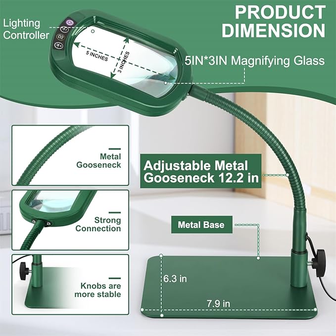 Veemagni 10X Rectangle Magnifying Glass with Light and Stand, Flexible Gooseneck LED Lighted Desk Lamp, 5 Color Modes Stepless Dimmable, Hands Free Magnifier for Reading Painting Close Work - Green