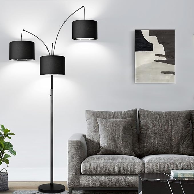 Dimmable Floor Lamp - 3 Lights Arc Floor Lamps for Living Room, 1000LM Modern Tall Standing Lamp With Black Shades & Heavy Base, Mid Century Tree Floor Lamp for Bedroom Office, 3 LED Bulbs Included