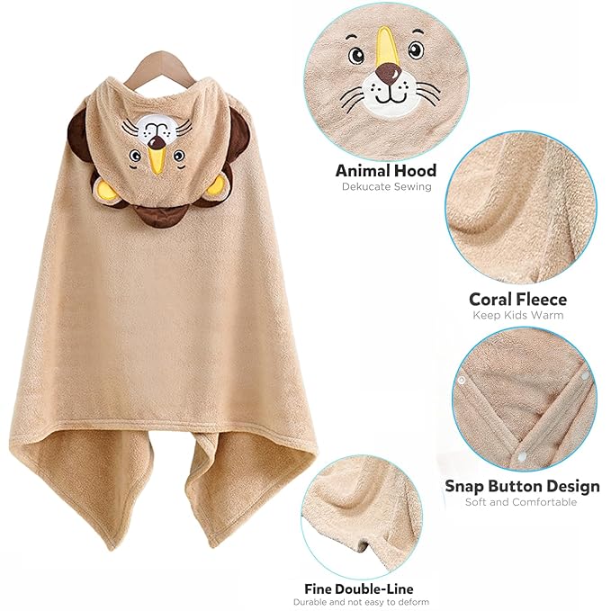 ROMASA Baby Bath Towel Ultra Soft Hooded Towel Highly Absorbent Bathrobe Blanket Toddlers Shower Gifts for Boys Girls-27.5" x 55" (Khaki Lion)
