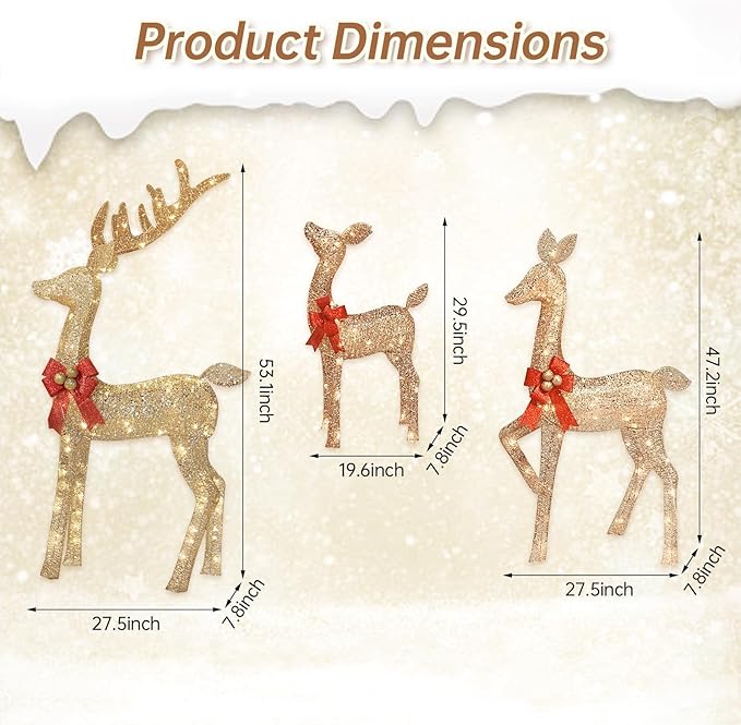4.3 FT Outdoor Christmas Decorations Deer, 3 Pcs Family Outdoor Lighted Xmas Deer, 210 Lights 52" Buck 47" Doe 29" Fawn Large Christmas Reindeer for Garden Patio Lawn Holiday Decorations - Gold