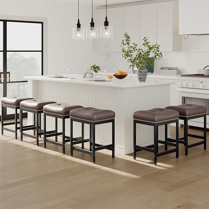 MALOL Set of 6 Saddle Bar Stools Counter Height 24.4”, Backless Barstools for Kitchen Island, Modern PU Leather Cushioned Seat, Bar Chairs for Kitchen Counter, Breakfast Bar Stools for Home,Brown
