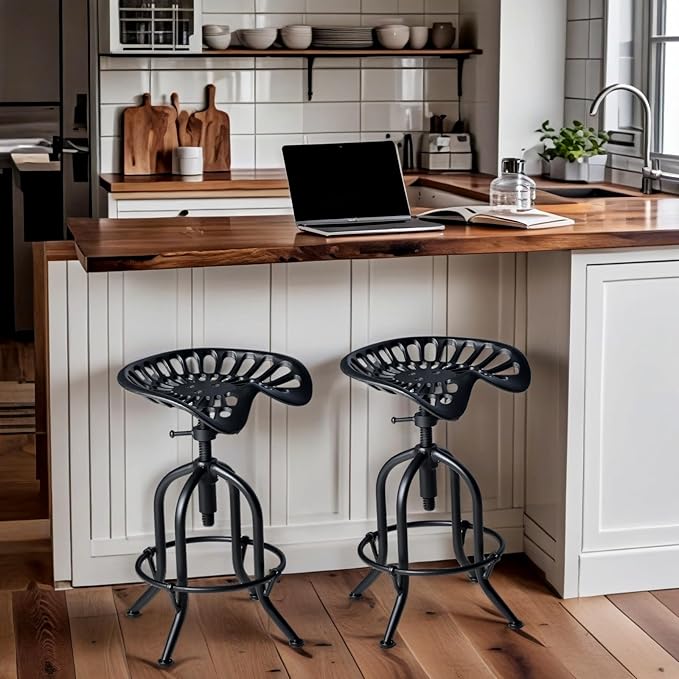 Industrial Bar Stool Farmhouse Tractor Saddle Stool Kitchen Counter Height Adjustable Bar Stool Metal Bar Stool 19.6-24 Inch Pub Bar Stool,Set of 2, Black