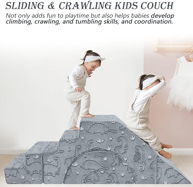 MeMoreCool Foam Climbing Toddler Couch, Modular Kids Sofa with Slide & Stair, Convertible Baby Couch for Playroom, Sectional Furniture for Crawling, Climbing, and Kids’ Play