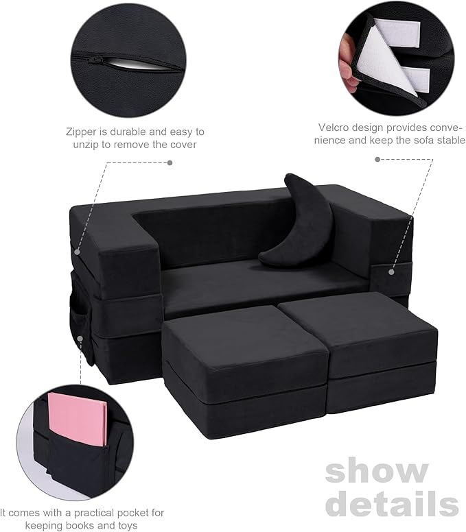 Modular Kids Sofa,Toddler Couch Foam Armchair for Kids, Children Convertible Plush Sofa Play Set,Fold Out SofaBed(Black)