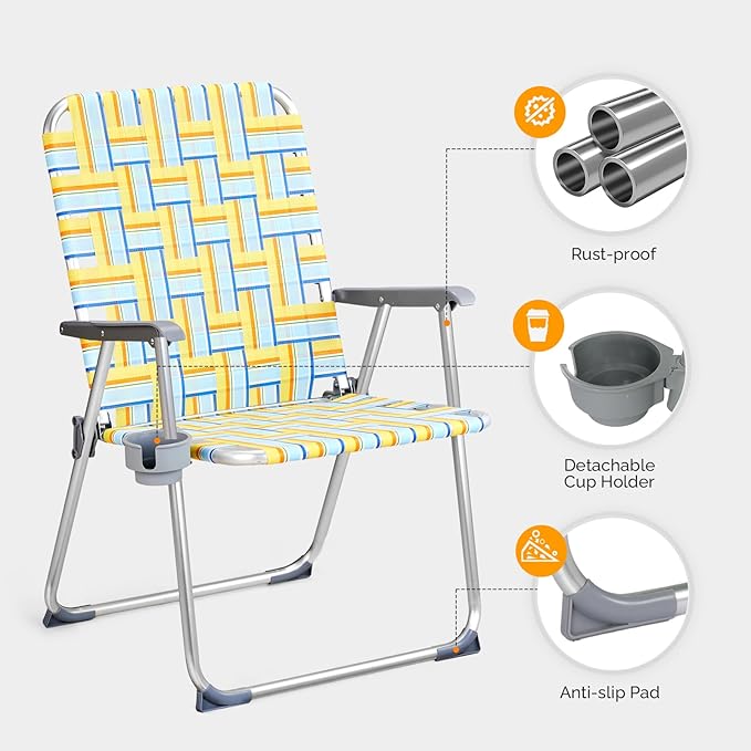 VINGLI Aluminum Oversize Patio Lawn Chairs Folding Set of 2 with Detachable Cup Holder, Webbed Beach Chair Folding Chair Outdoor Portable Camping Chair for Yard, Garden