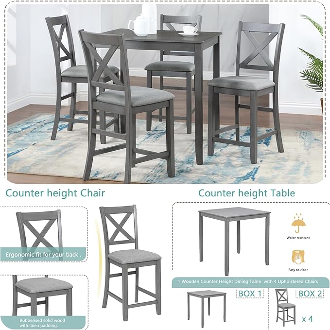 5PCS Dining Table Set, Counter Height Kitchen Table Set with Square Table and 4 Upholstered Chairs, Square Dining Table Set for 4, Gray
