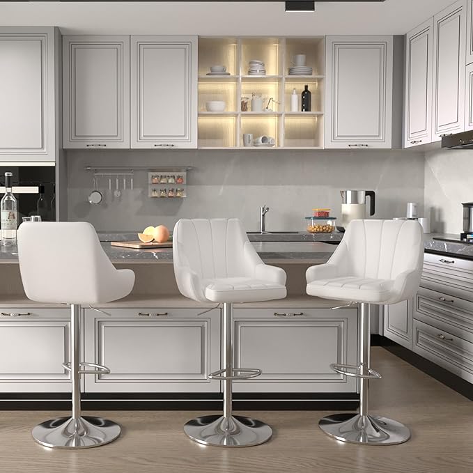 VECELO Bar Stools Set of 4, Adjustable Barstools, Counter Height Stools with Back and Arm, Kitchen Island Stools, Swivel PU Chairs for Pub, Dining Room, Modern Style, White