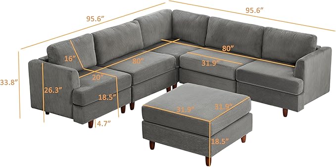 127.5" L/U-Shaped Sectional Couch with Movable Ottoman & 6 Removable Back Cushion, Corduroy Fabric Upholstered 6 Seat Modular Sleeper Sofa,DIY Free Combination Couches for Living Room,Grey