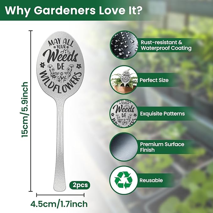 CUTHOLLOW Garden Plant Marker All Your Weeds Be Wildflowers, 2pc Metal Spoon Labels for Outdoor Waterproof - Friendship Gifts for Gardeners Woman - Decorative Garden Plant Tags
