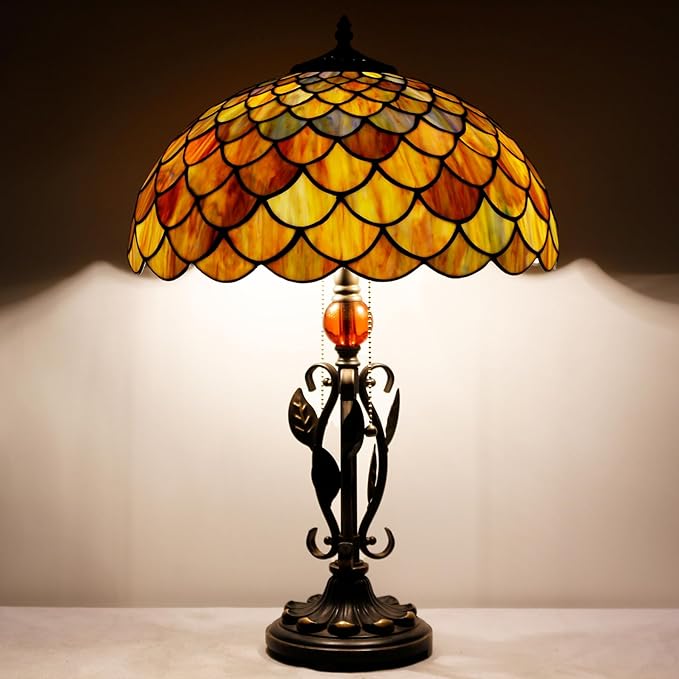 Tiffany Table Lamp Fish Scales Stained Glass Desk Reading Light 16X16X24 Inch Metal Leaf Base for Bedroom Living Room Home Office