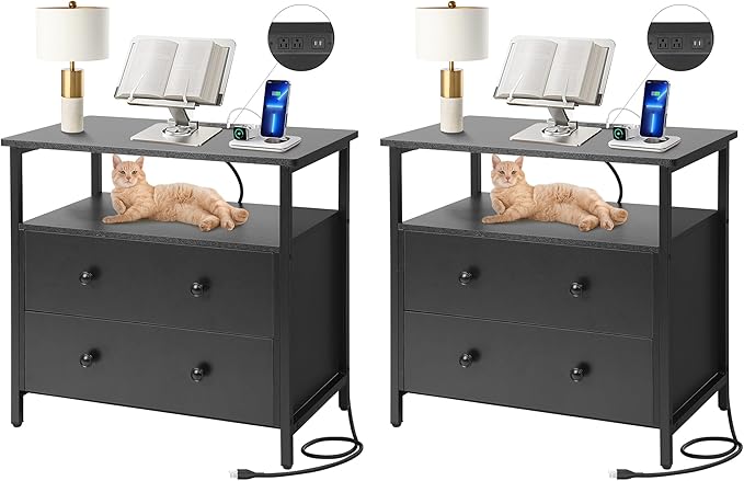 27 inch Wide Nightstand with Charging Station, Bedside Table with Open Shelf, 2 Drawers Small Wood Dresser, End Side Table for Bedroom (2 Pack,Black)