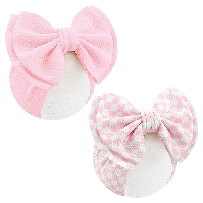 YanJie 2PCS 7’’ Light Pink Bows for Baby Girls Checkered Headband Double Layered Bow Infants Toddler Hair Accessories Newborn Headbands Baby Clothes