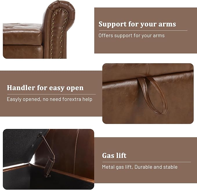 Furniliving 55” End of Bed Bench, Bedroom Bench with Button-Tufted, Large Upholstered Storage Ottoman Entryway Bench with Storage Shoe Cabinet Bench, for Bedroom, PU, Brown