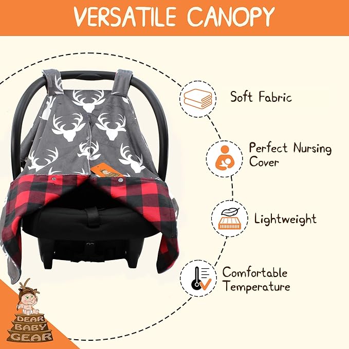 Dear Baby Gear - 40x30 Car Seat Canopy, Infant Carrier Cover for Boys & Girls, Cozy Fall, Nursing & Stroller Use, Newborn Travel Sunshade, White Antlers, Plaid Red & Black Buffalo