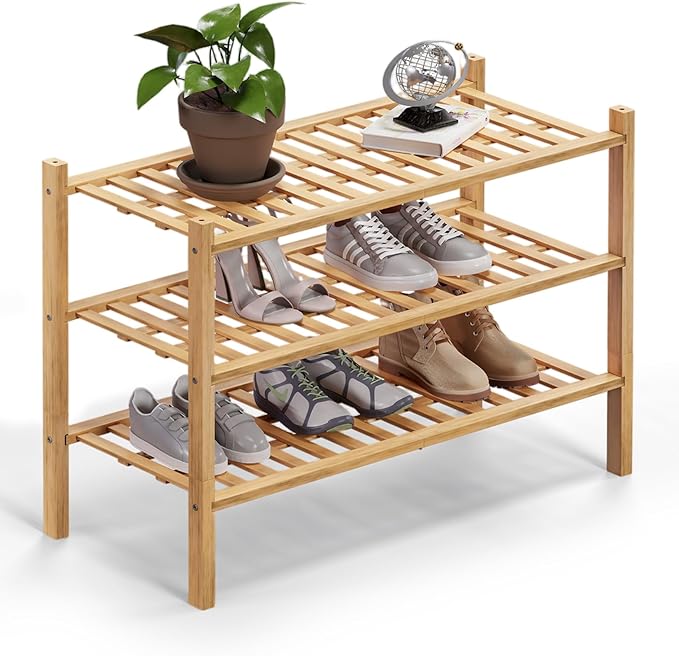 Haddockway 3 Tier Bamboo Shoe Rack Storage Organizer, Multifunctional Free Standing Stackable Shoe Shelf with Grid Panel for Closet,Hallway,Entryway,Small Space 27"x11"x20" (Natural, 3 Tier)