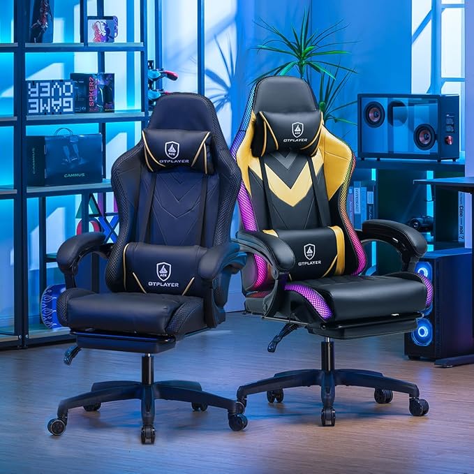 GTPLAYER Gaming Chair, RGB Gaming Chairs with LED Lights, Video Gaming Chair for Adults, Ergonomic Computer Gaming Chair with Linkage Armrest, Reclining Chair with Headrest (Without Massage, Black)