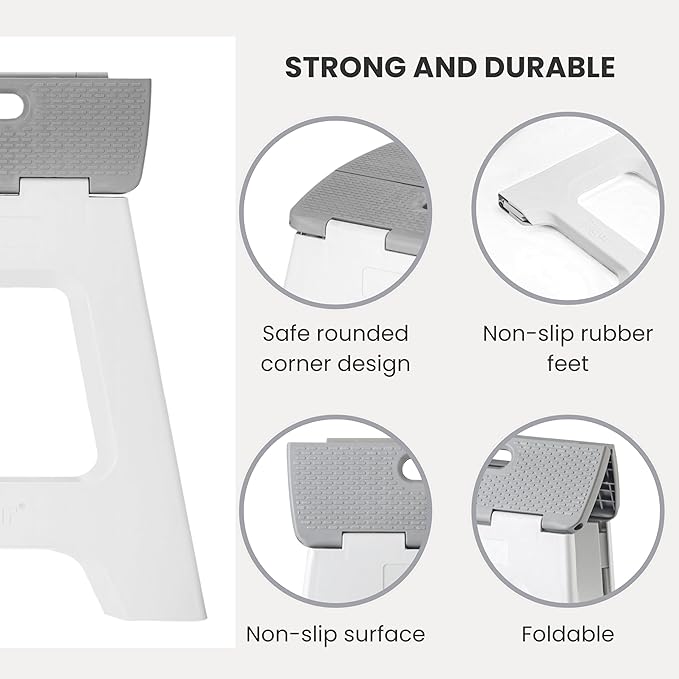 Vigar Compact Step Stool Foldable, 16-inch Step Stools for Adults up to 330 Pound, Lightweight Stool, Non-Slip Folding Step Stool, Gray