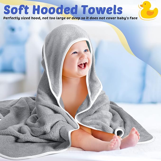 Reginary 4 Pack Baby Hooded Towels Coral Fleece Baby Bath Towels 30 x 30 Inch Soft Absorbent Hooded Bath Blanket for Newborn Toddler Infant Boy Girl Shower Gift Supplies (Gray)