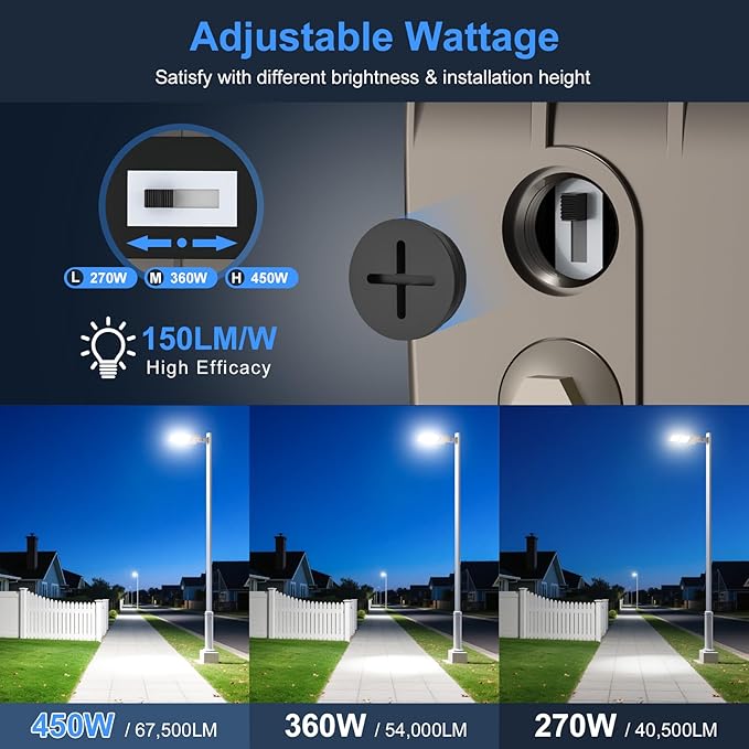 KUKUPPO 2Pack 450W LED Parking Lot Light Power Adjustable, LED Shoebox Flood Pole Light Outdoor Parking Lighting with Arm Mount 67,500LM 5000K IP65 Waterproof 100-277V ETL Listed